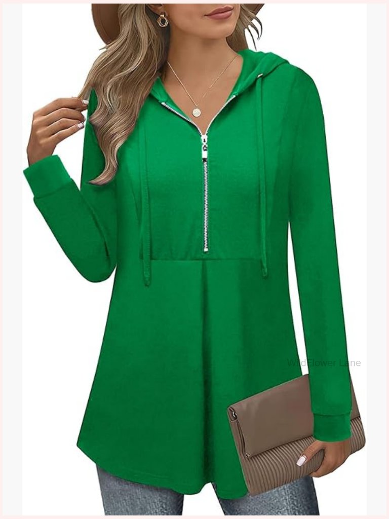 Quarter Zip Hoodie Pullover Long Sleeve Color Block Tunic Top Drawstring